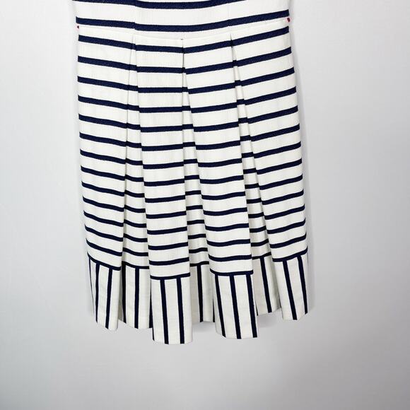 Eliza J 2 Navy Blue White Striped Fit and Flare Dress Pleated Keyhole Pockets - Picture 4 of 14